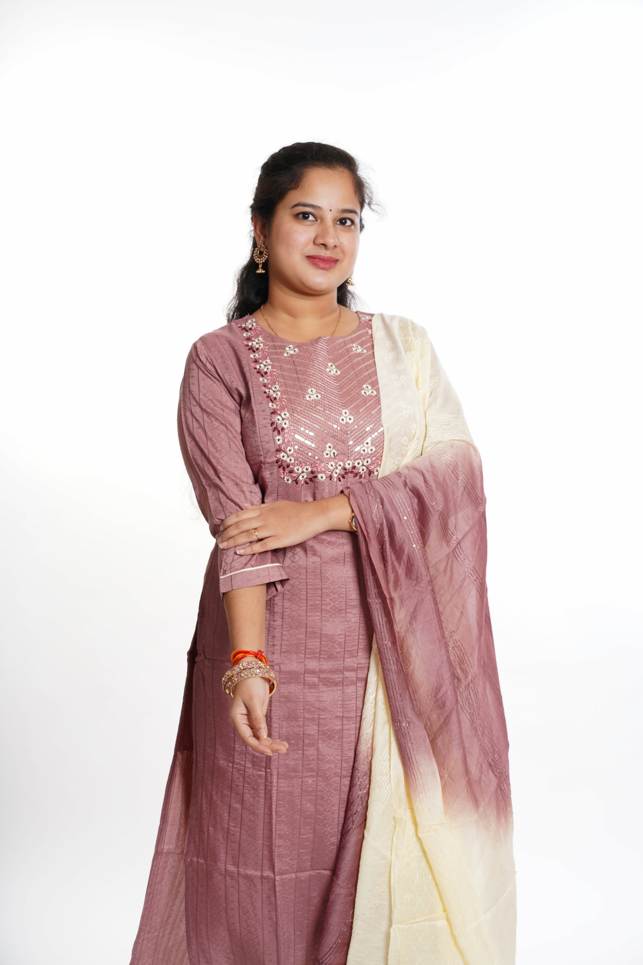 Brown Muslin Cotton Embroidered 3-Piece Kurti Set