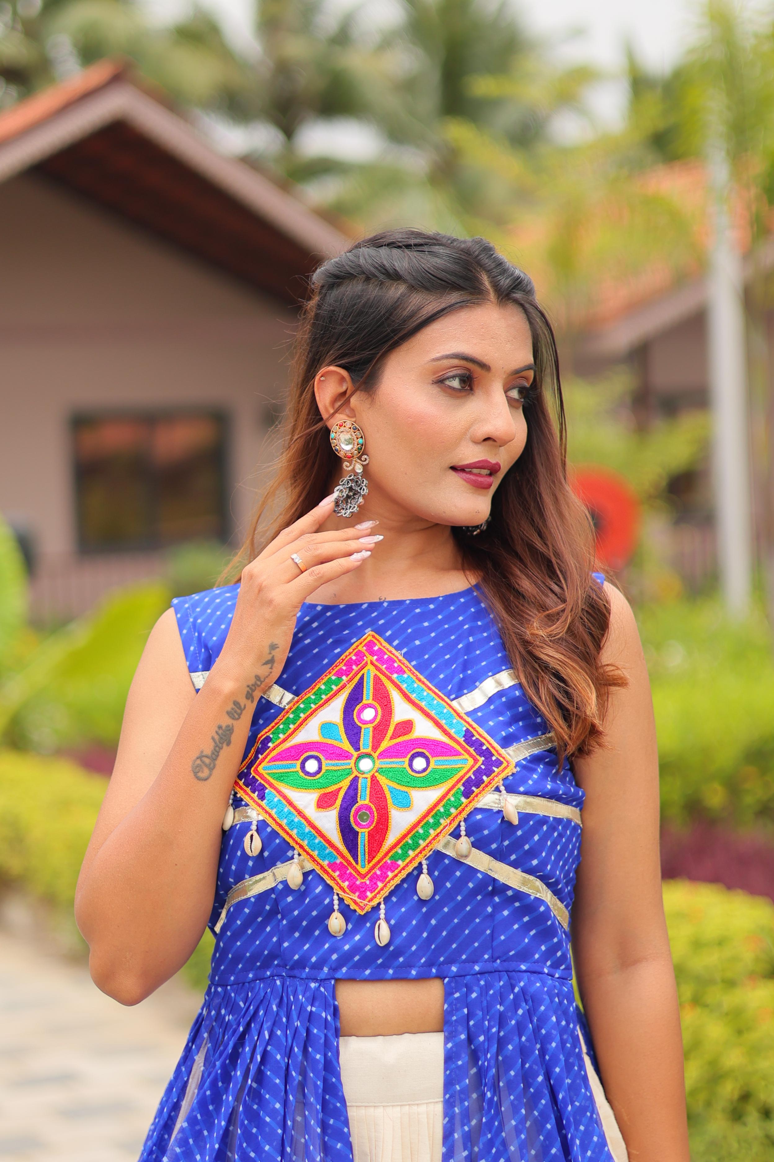 closeview Blue Pure Cotton Mirror Work Gamthi Lehenga for Navratri