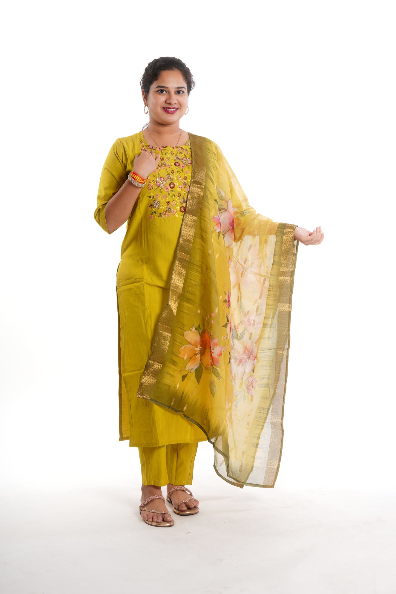 Elegant Mustard Yellow 3-Piece Cotton Embroidered Kurti Set with Floral Dupatta