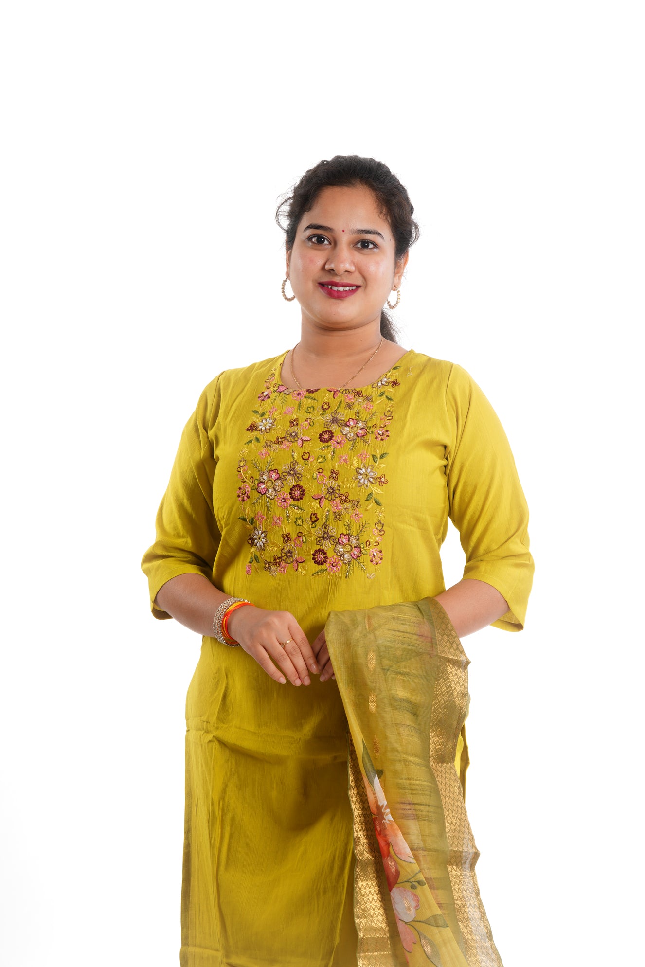 Elegant Mustard Yellow 3-Piece Cotton Embroidered Kurti Set with Floral Dupatta