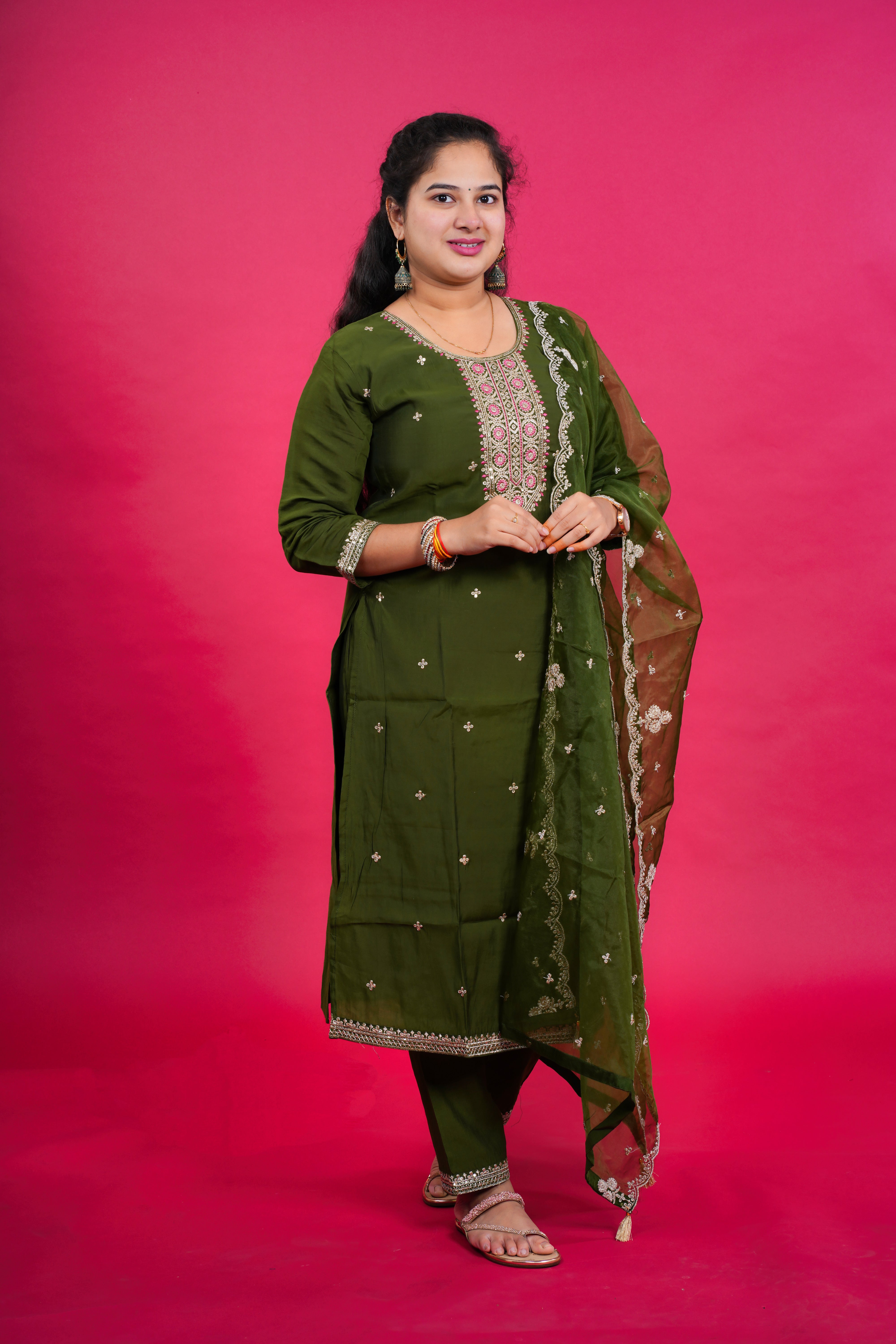 Green Silk Embroidered Kurti 3-Piece Set | Vastralyn