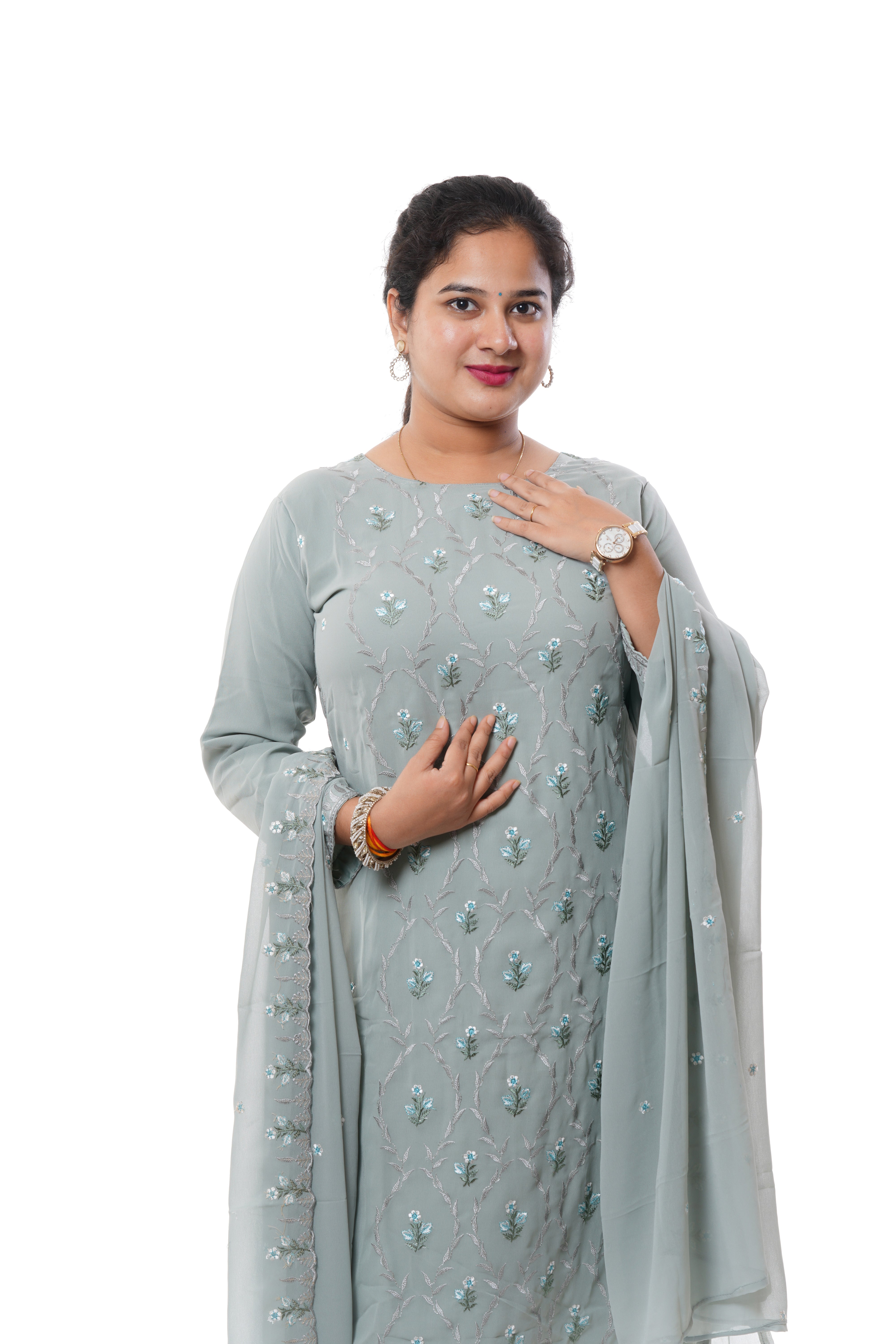 Elegant Grey Georgette Embroidered 3-Piece Kurti Set