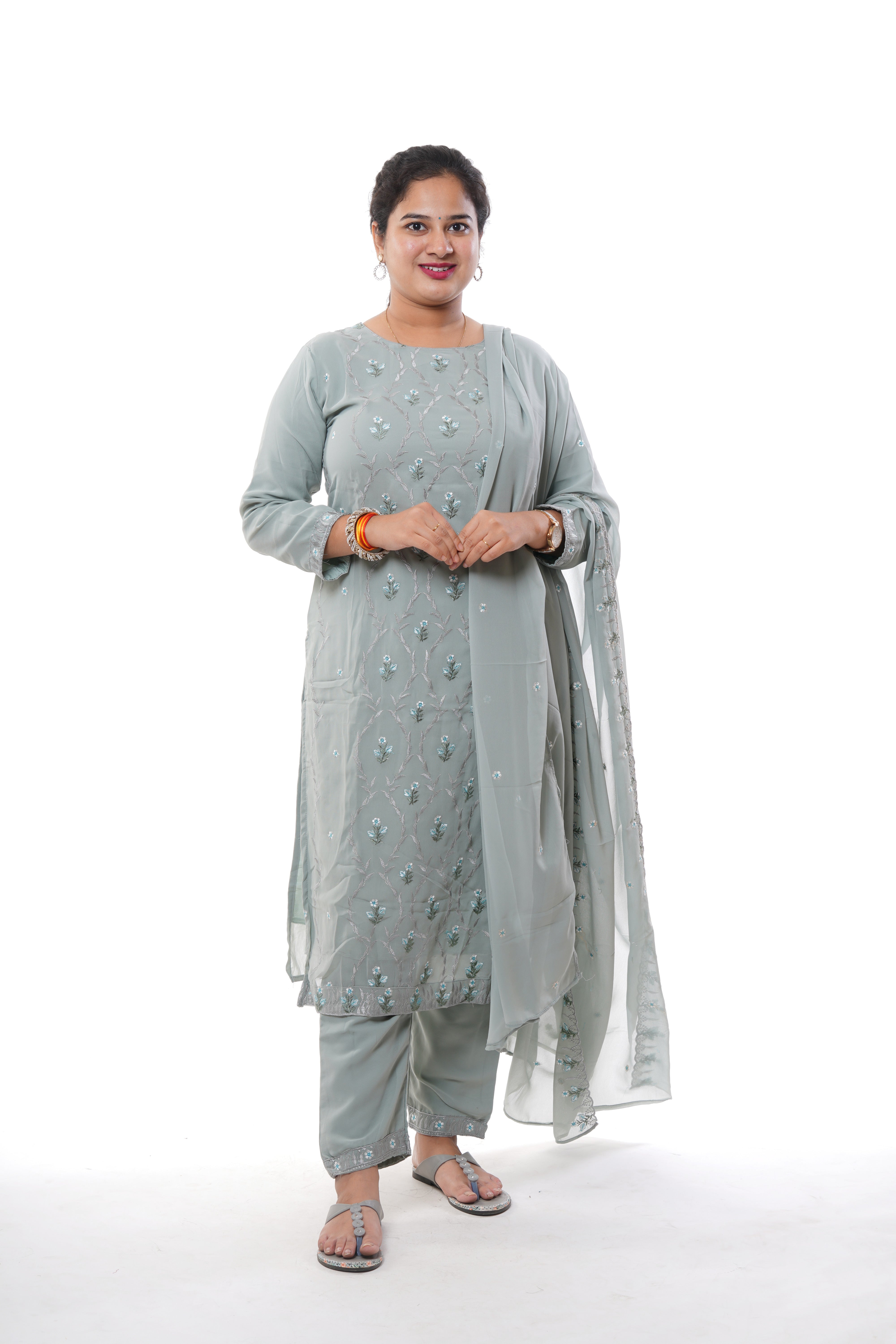 Elegant Grey Georgette Embroidered 3-Piece Kurti Set