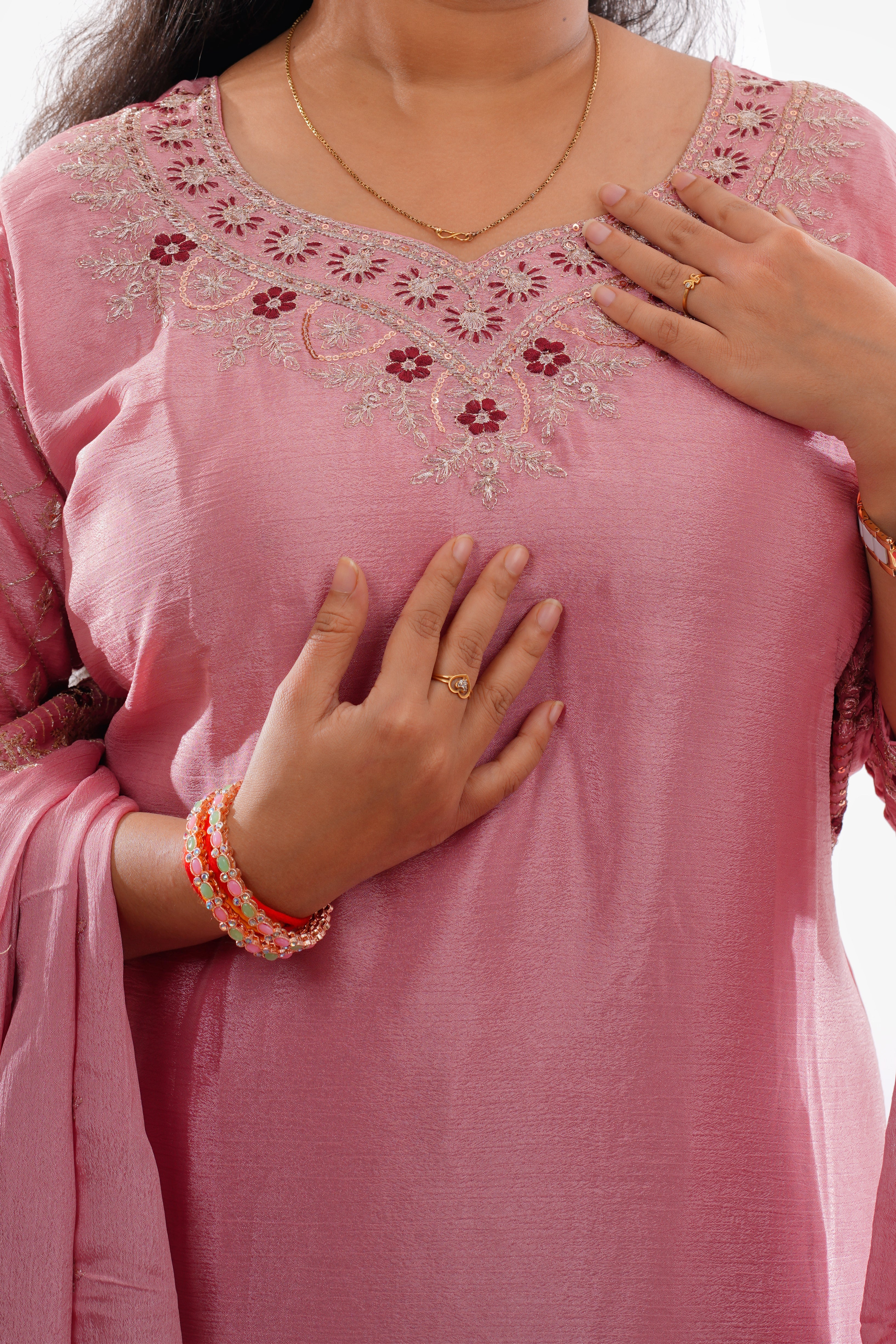 Elegant Pink Chinon Kurti Pant Set with Exquisite Embroidery Work