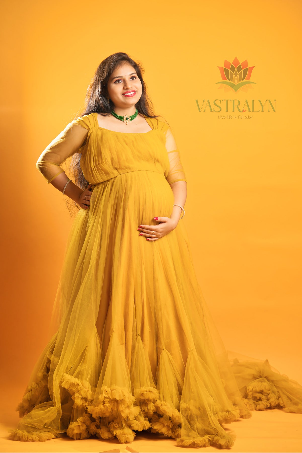 Elegant Orange Net Maternity Gown for Photoshoots | Flowy Baby Shower Dress