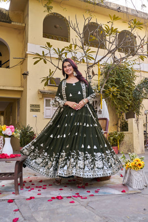 Heavy embroidered dupatta details on olive green ethnic gown