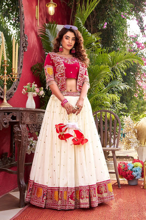 This stylish lehenga choli set with koti is perfect for party wear and festive styling, featuring rich embroidery work and elegant flare in premium fabric.
