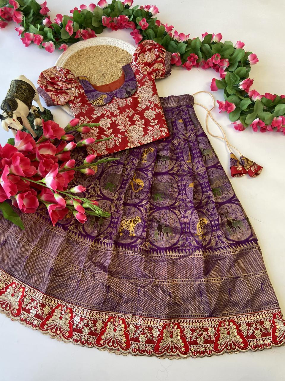 Traditional Pattu Paavadai & Sattai Dress – Banarasi Silk Lehenga with Viscose Dola Silk Blouse
