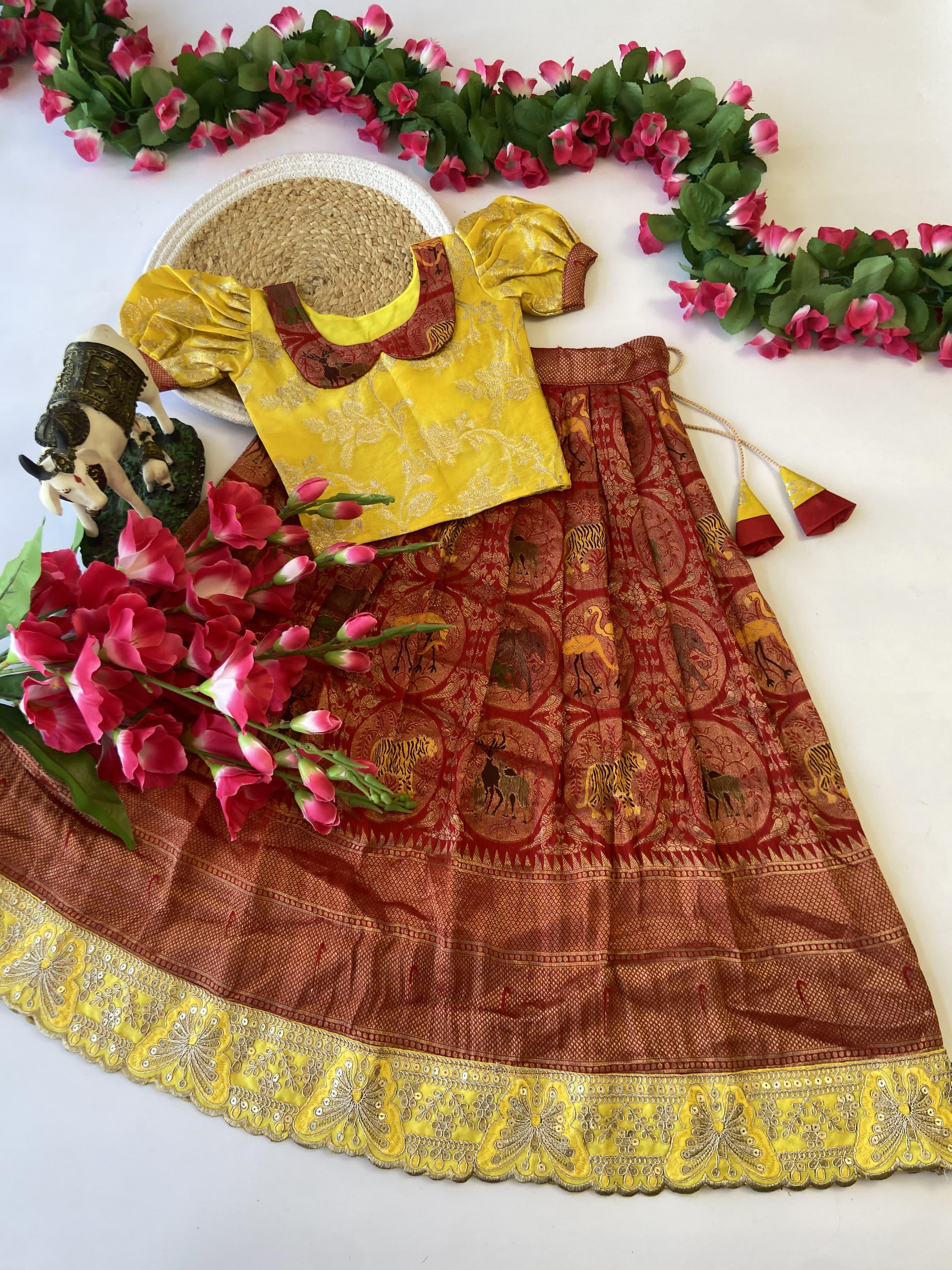 Traditional Pattu Paavadai & Sattai Dress – Banarasi Silk Lehenga with Viscose Dola Silk Blouse