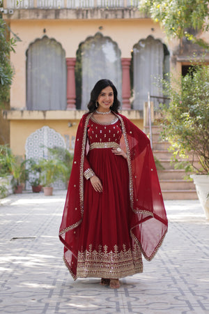 embroidered red gown