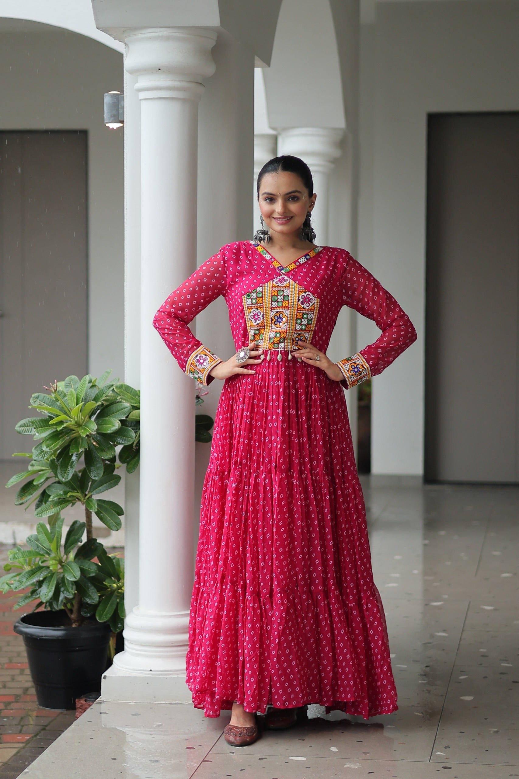 Pink Bandhani Print Faux Georgette Gown with Kutchi Patchwork