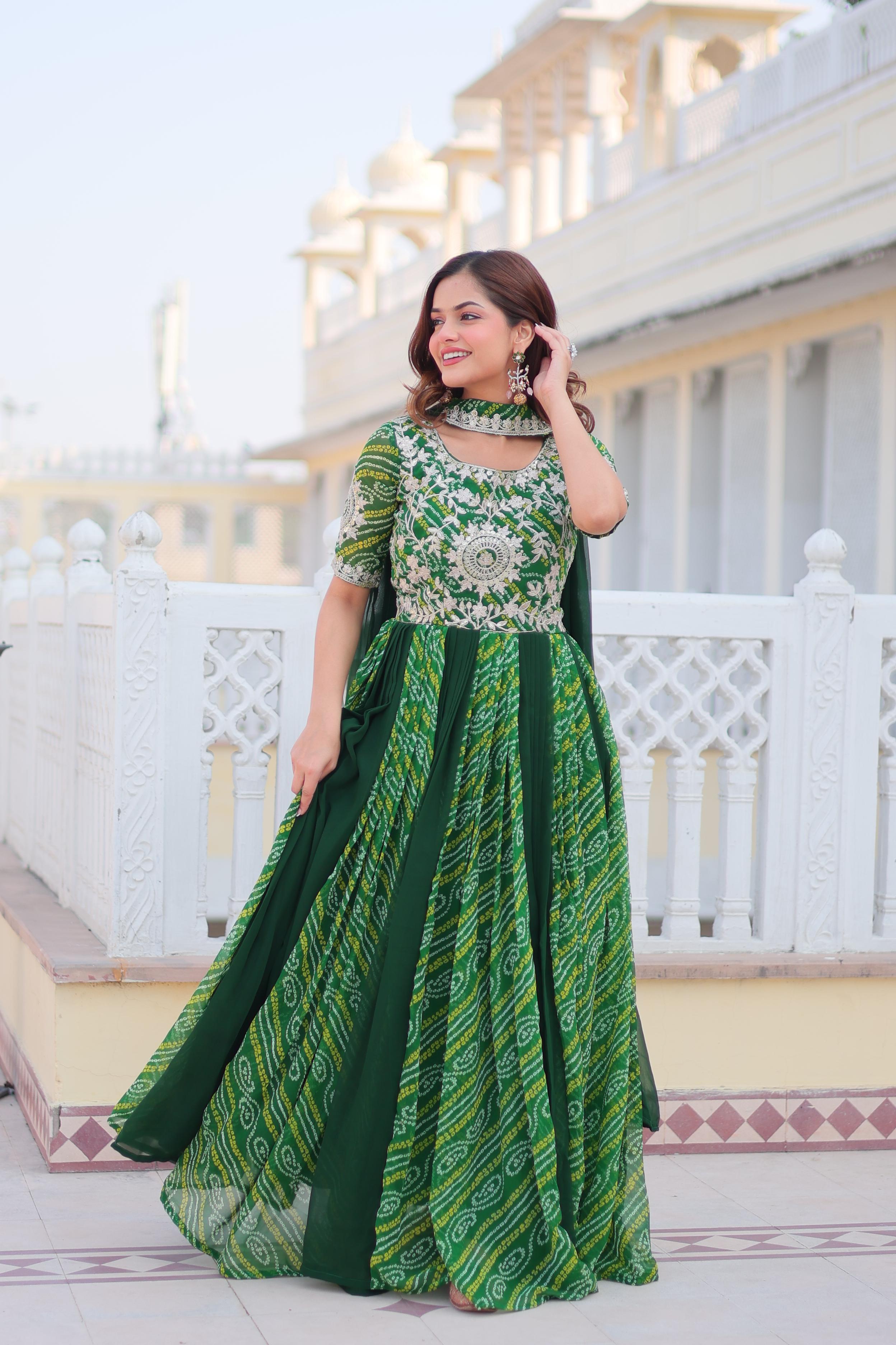 slim fit dress slacks Green Bandhani Gown with Embroidery & Dupatta