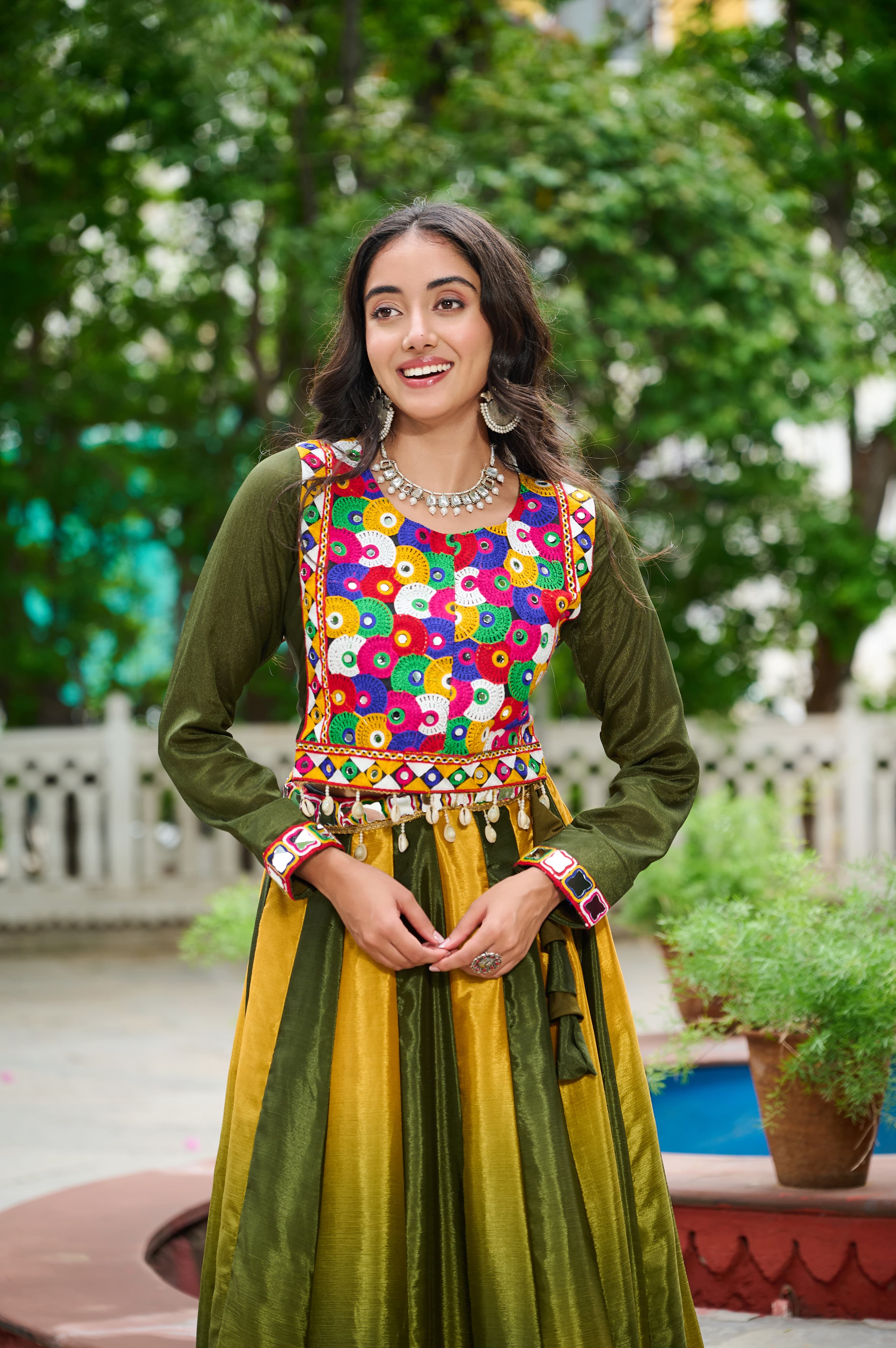 Green and yellow ombre kali lehenga with embroidered top