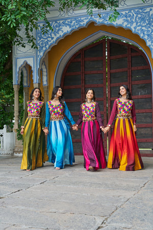 Group photo of models in colorful lehenga sets