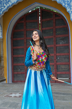 Sky blue lehenga set with Kutchi mirror work blouse