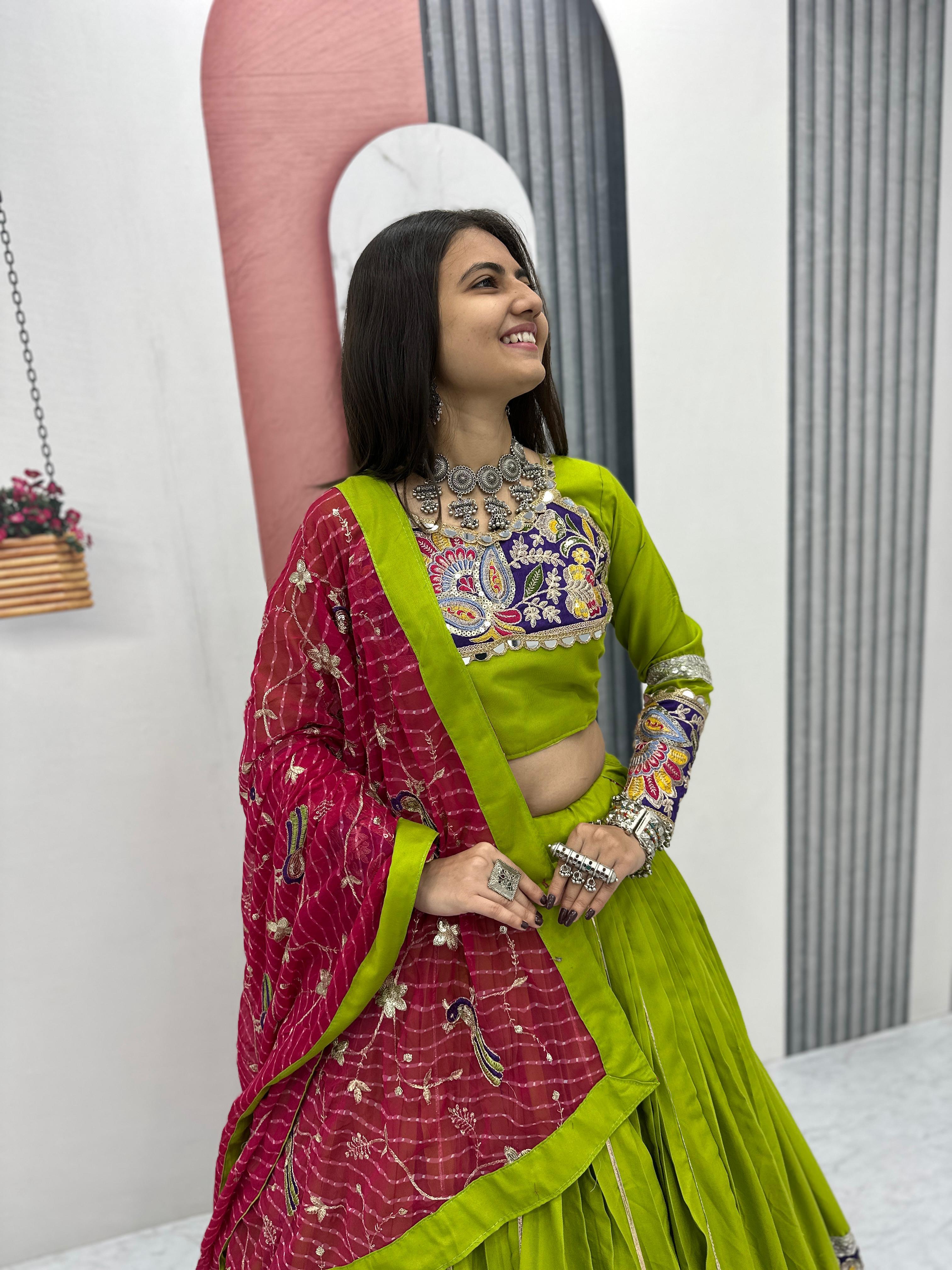 Green embroidered pure cotton lehenga choli with georgette dupatta