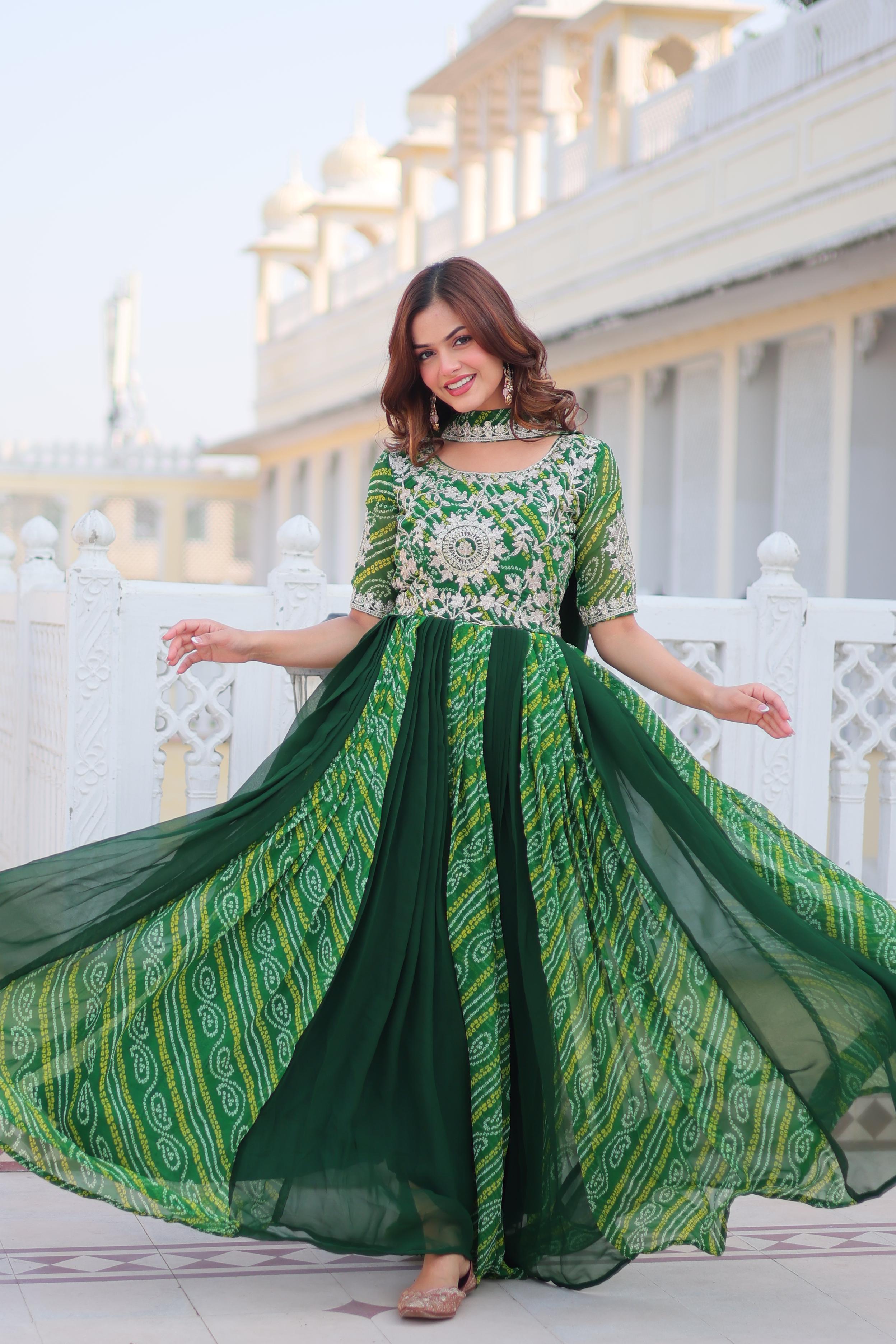 Bandhej Gown with Heavy Embroidery & Dupatta