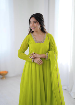 Lime green georgette anarkali suit with heavy flare and dupatta full view