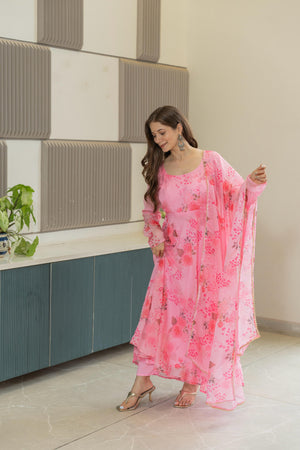 Pink floral organza gown with dupatta front view