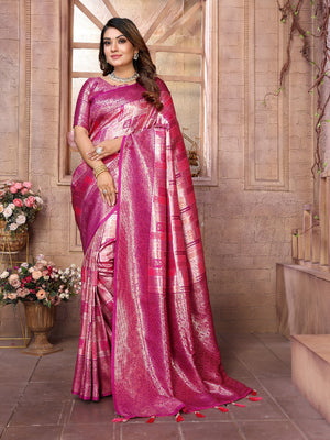 Woman wearing pink Banarasi Chaturi Silk Saree
