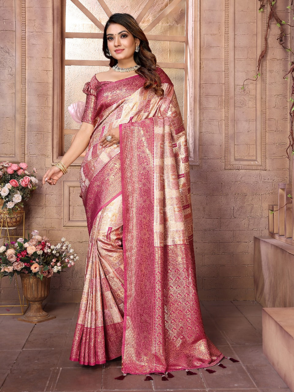 Traditional Indian woman saree look in Banarasi silk