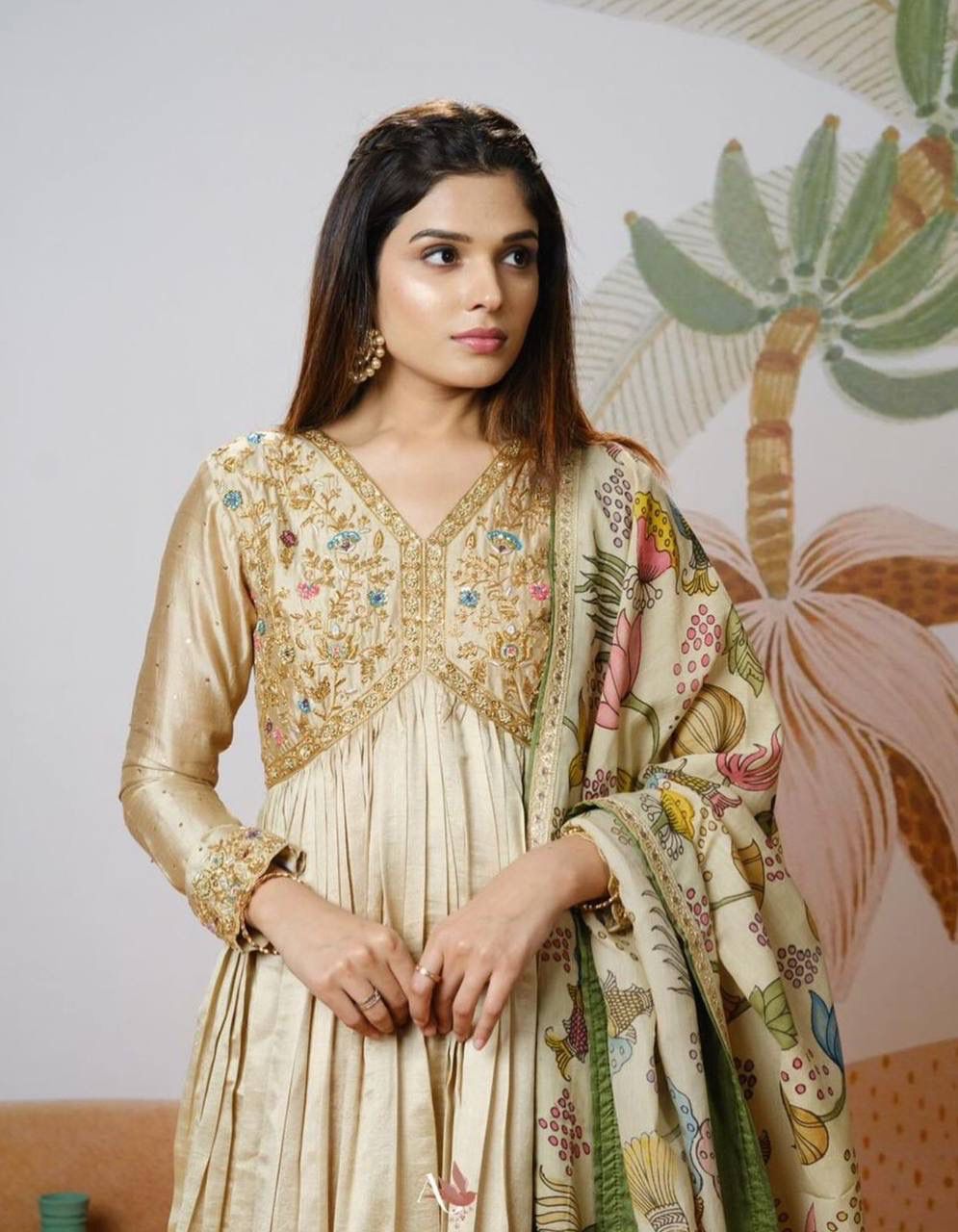 Elegant Beige Chinon Embroidered Suit Set with Kalamkari Print Dupatta – Fully Stitched