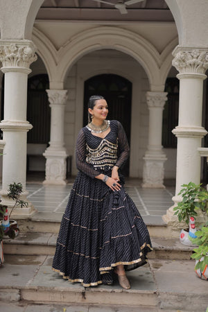 Stylish Black Leheriya Print Lehenga vastralyn