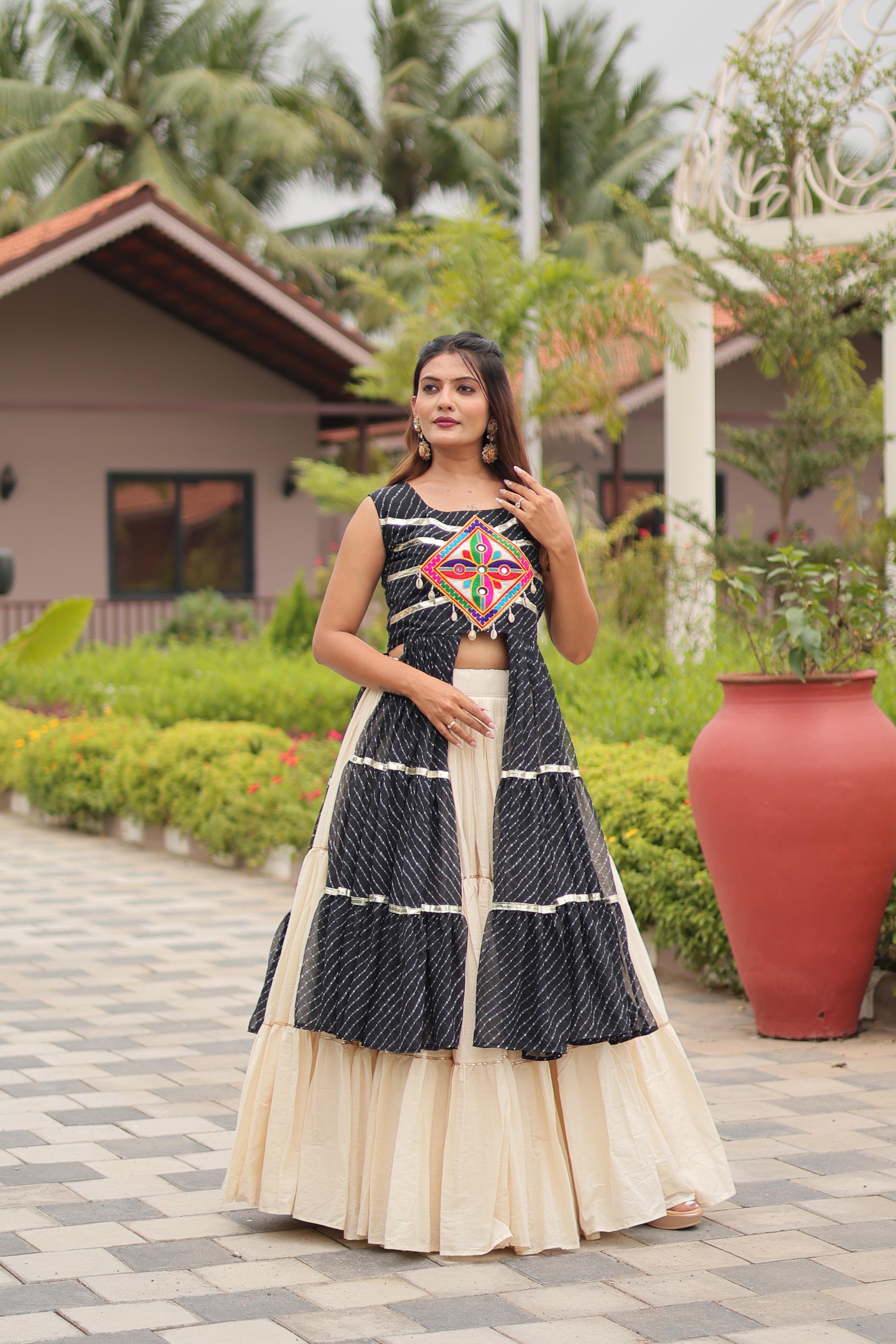 Black Pure Cotton Gamthi Work Lehenga with Kodi Lace