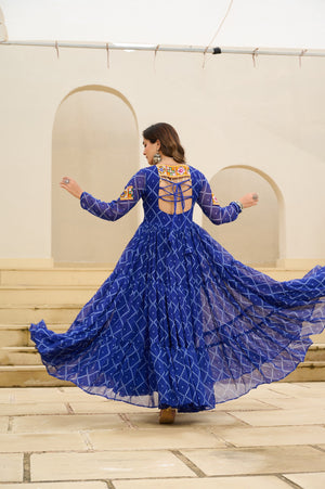 Kutchi patch design closeup on blue bandhani gown