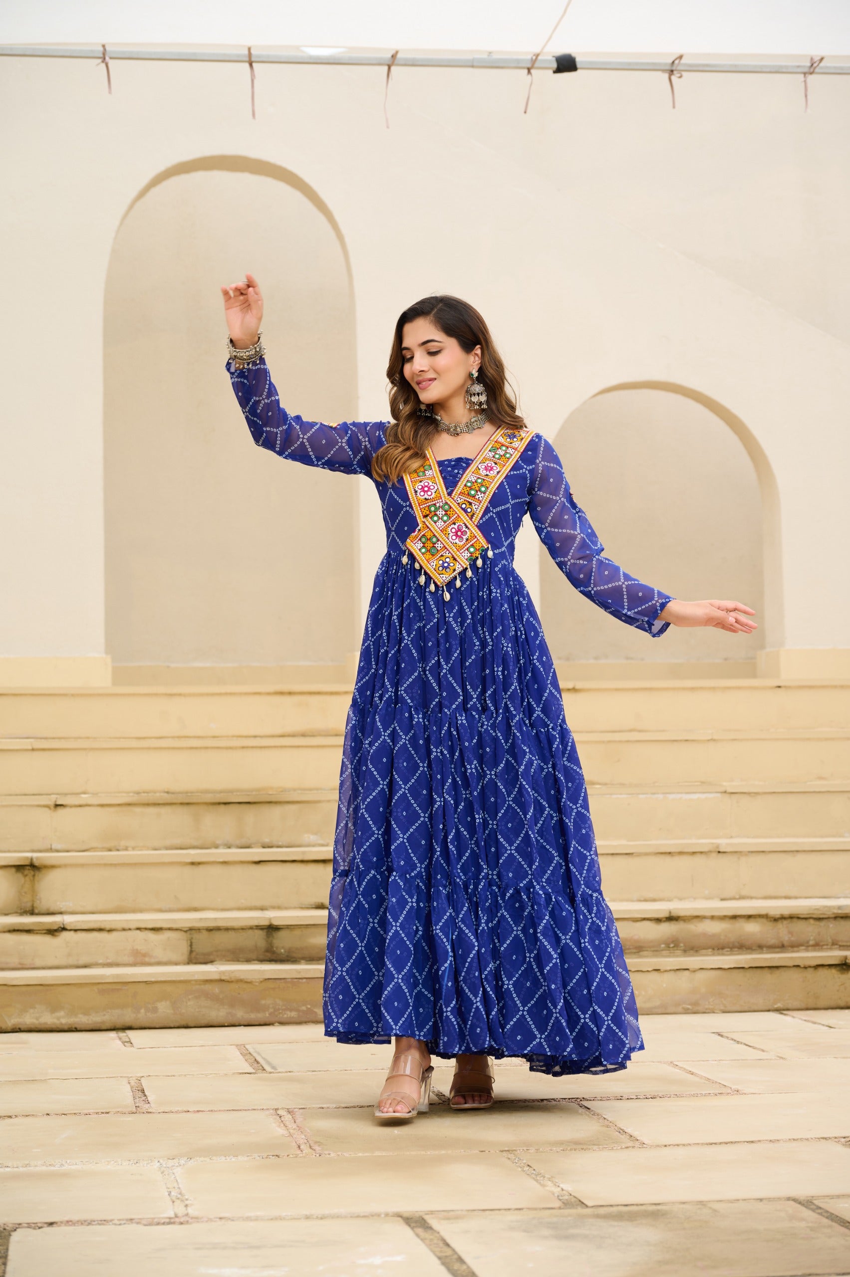 BLUE traditional bandhani gown with embroidered patch
