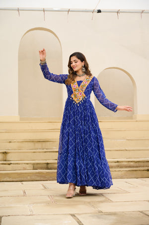 BLUE traditional bandhani gown with embroidered patch