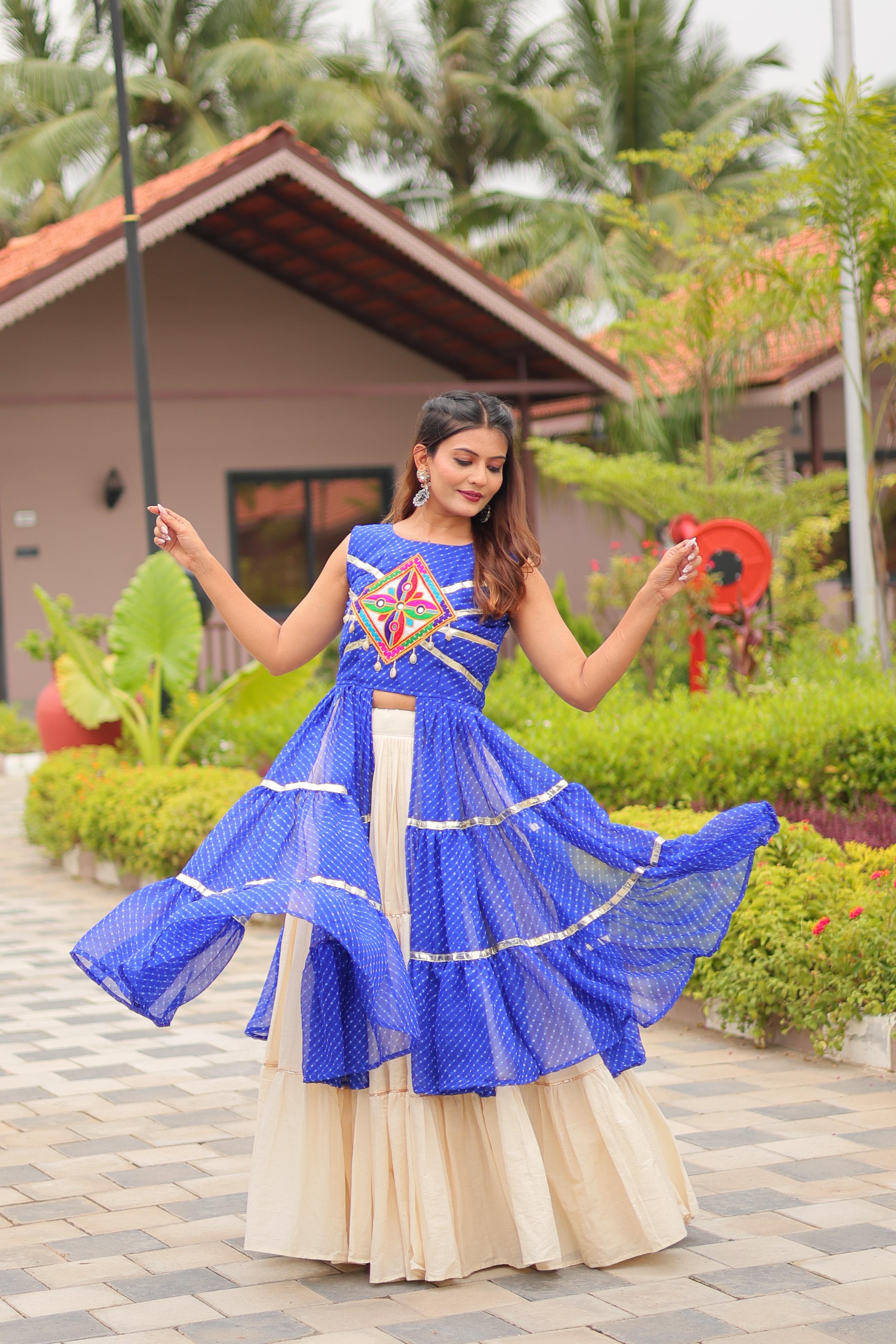 Blue Pure Cotton Mirror Work Gamthi Lehenga for Navratri