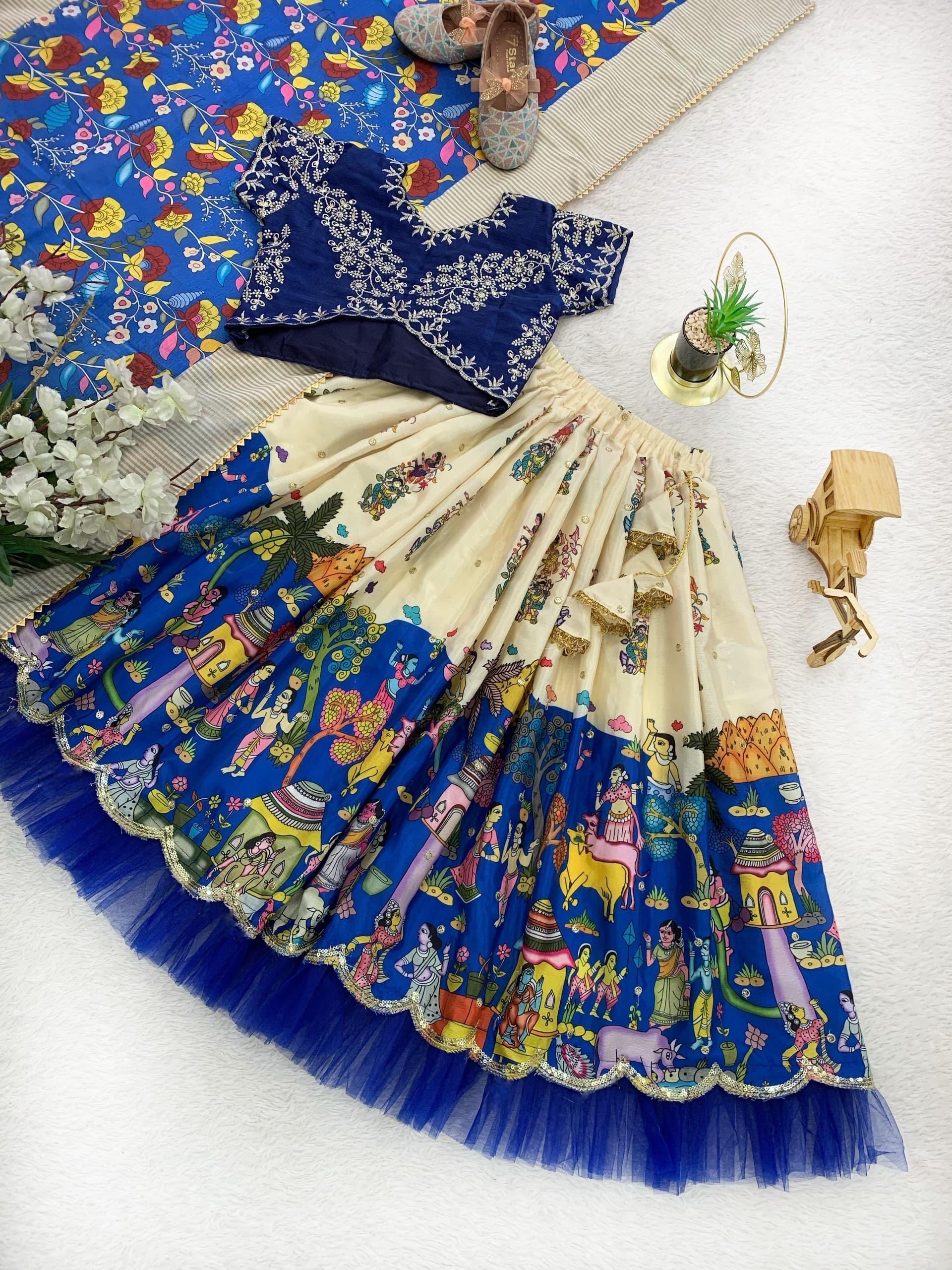 Royal Blue Kids Lehenga Set with Digital Kalamkari Print and Chinon Dupatta