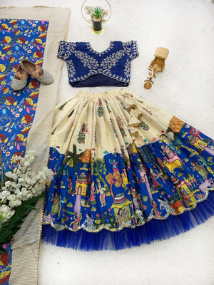 Royal Blue Kids Lehenga Set with Digital Kalamkari Print and Chinon Dupatta