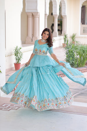 Front view of Blue Lehenga Choli with sequins and embroidery