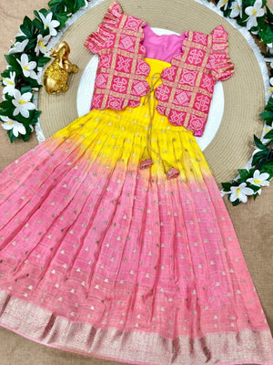 Kids bandhani coat gown in yellow and pink