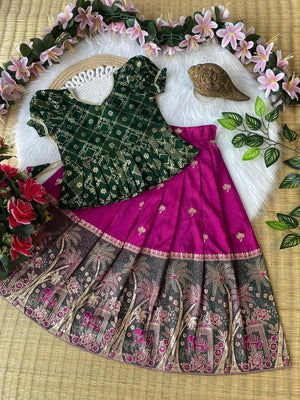 Kids heavy dola silk lehenga with zari design
