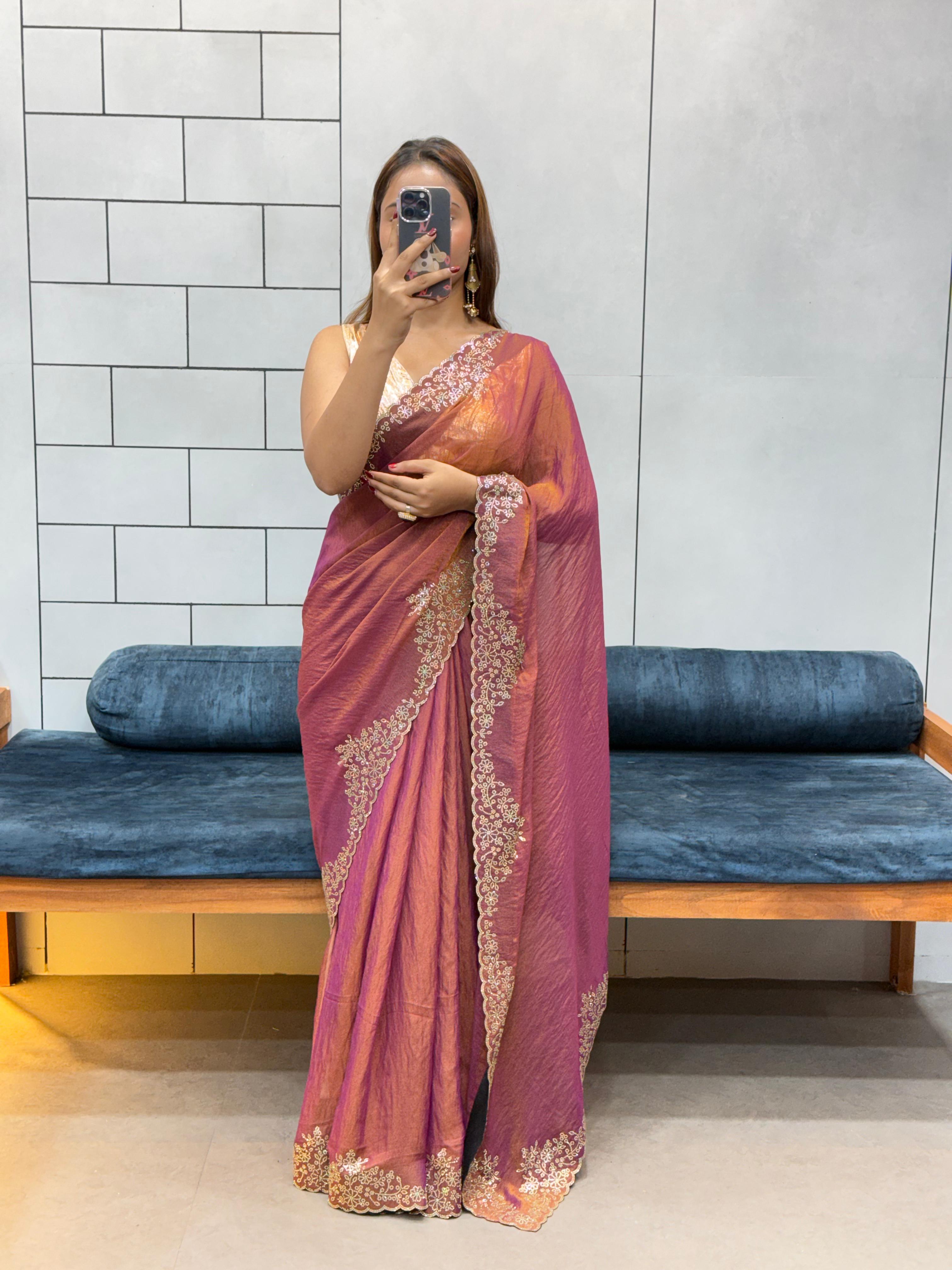 Celebrity style wine Fendy silk saree with diamond border