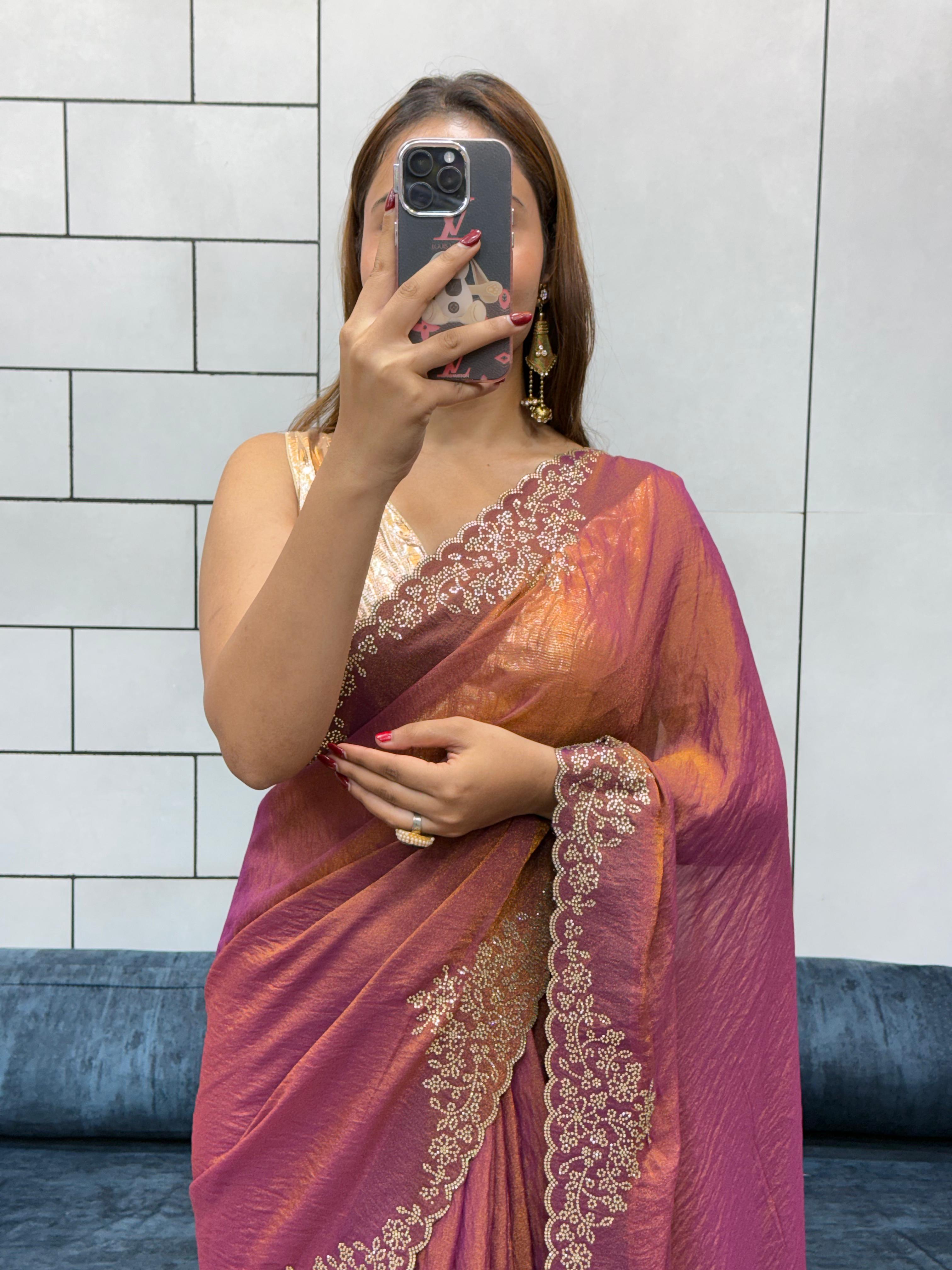 Soft golden moss Fendy silk saree texture