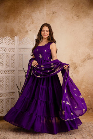 Front view of purple heavy georgette embroidered Anarkali gown set