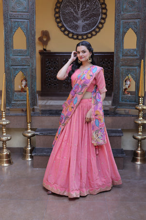 Pink cosmos silk lehenga choli with sequins embroidery and printed dupatta full view