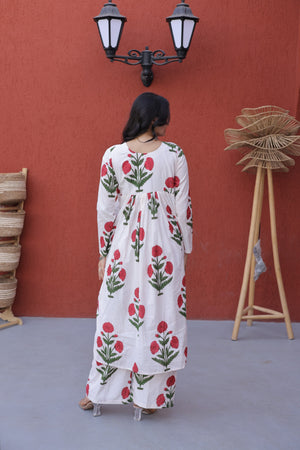 Comfortable long kurti with pant set featuring traditional floral prints perfect for daily use.