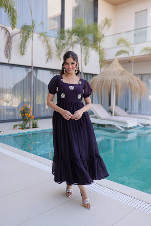 Women’s festive wear flared gown with frill stitch