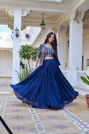 Navy Blue Vichitra Lehenga Choli Set for Wedding