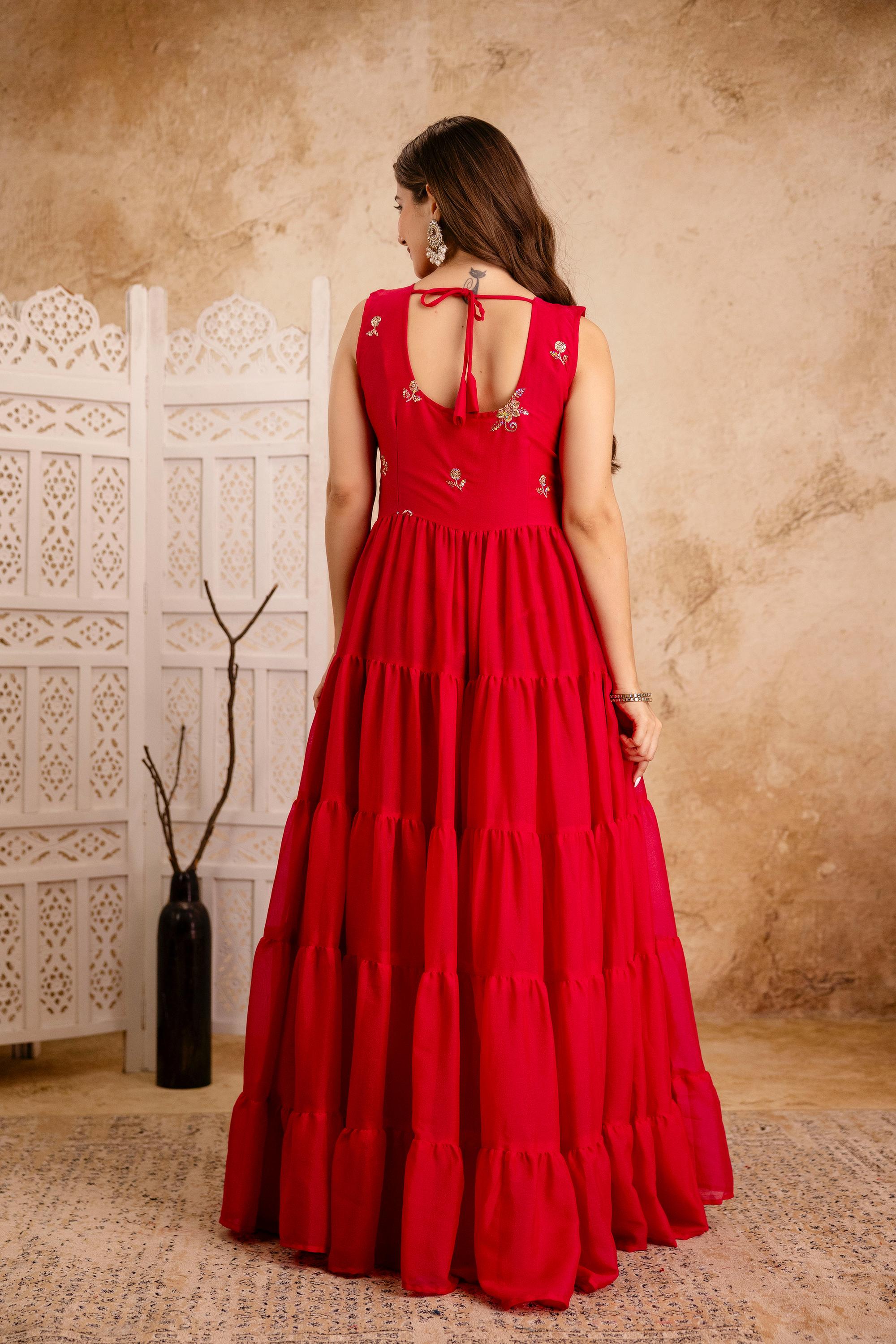 Red festive ready to wear embroidered Anarkali gown set