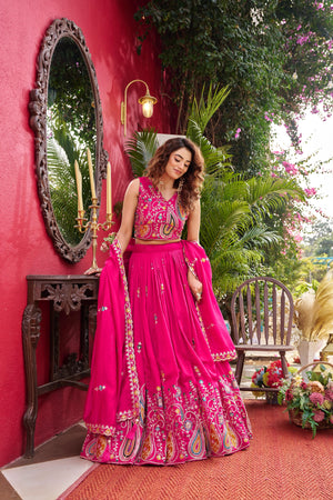 Rani pink Vichitra silk embroidered lehenga choli set