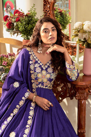 Elegant Vichitra silk embroidered gown with dupatta for wedding wear