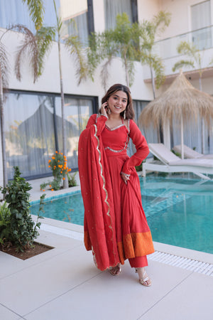 Red mul chanderi anarkali kurti set