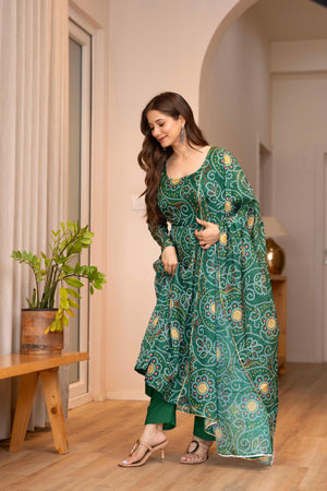 green organza gown set with dupatta for women
