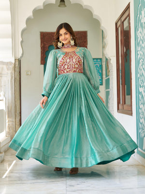 Mint green Fendy silk embroidered long gown